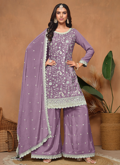 Chinon Sequins Embroidered Lavender Pakistani Festive Palazzo Suit