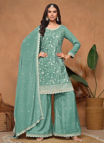 Chinon Turquoise Sequins Embroidered Pakistani Festive Palazzo Suit