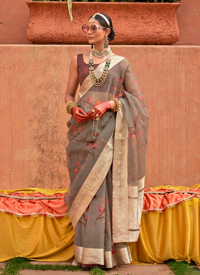 Grey Organza Silk With Jacquard Viscose Pallu And Border Digital Print Saree