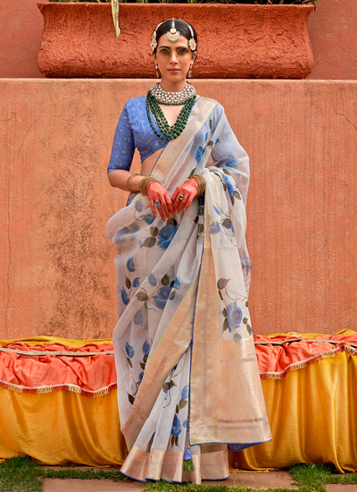 Off White Organza Silk With Jacquard Viscose Pallu And Border Digital Print Saree