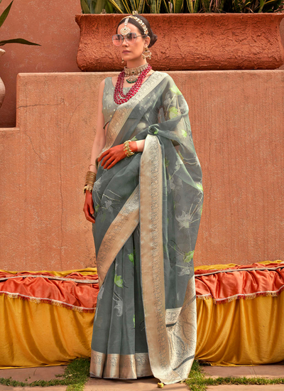 Sage Green Organza Silk With Jacquard Viscose Pallu And Border Digital Print Saree