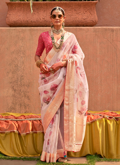 Organza Silk With Jacquard Viscose Pallu And Border Digital Print Saree In Light Pink