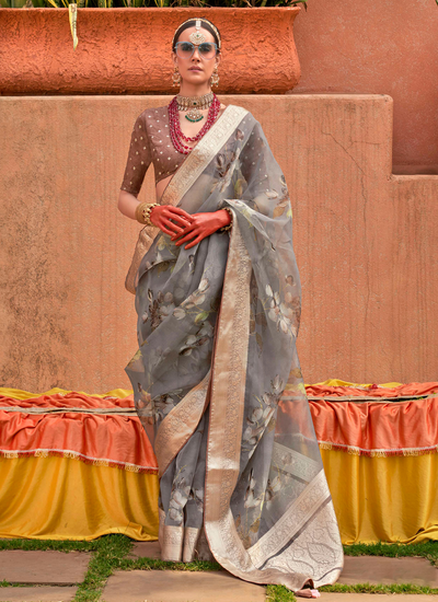 Grey Organza Silk With Jacquard Viscose Pallu And Border Digital Print Saree