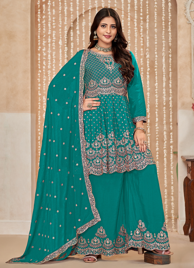 Festive Chinon Sequins Embroidered Turquoise Pakistani Palazzo Suit