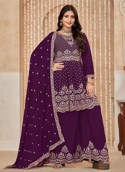 Purple Festive Chinon Sequins Embroidered Pakistani Palazzo Suit