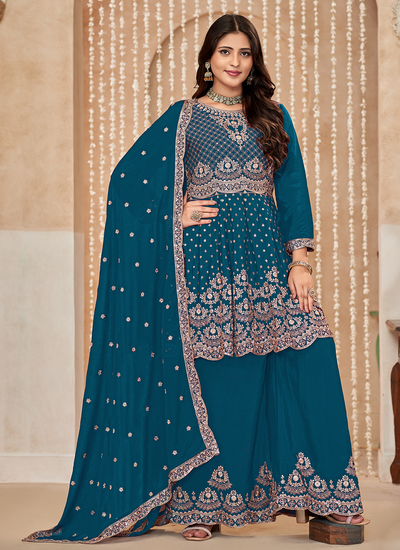 Peacock Blue Chinon Festive Sequins Embroidered Pakistani Palazzo Suit