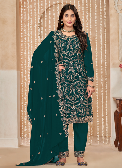 Green Faux Georgette Embroidered Mehendi Wear Pakistani Pant Suit