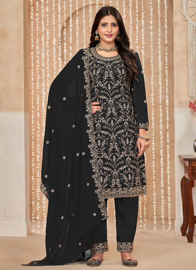 Festive Wear Black Embroidered Faux Georgette Pakistani Pant Suit