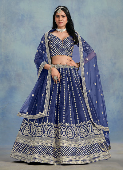 Art Silk Zari Sequins Embroidery Dark Blue Engagement Wear Lehenga Choli