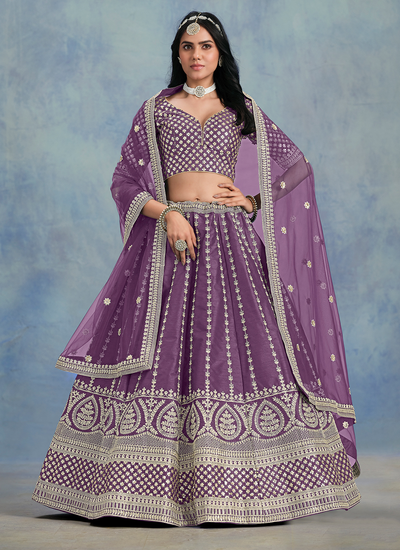 Purple Zari Sequins Embroidery Art Silk Festive Wear Lehenga Choli