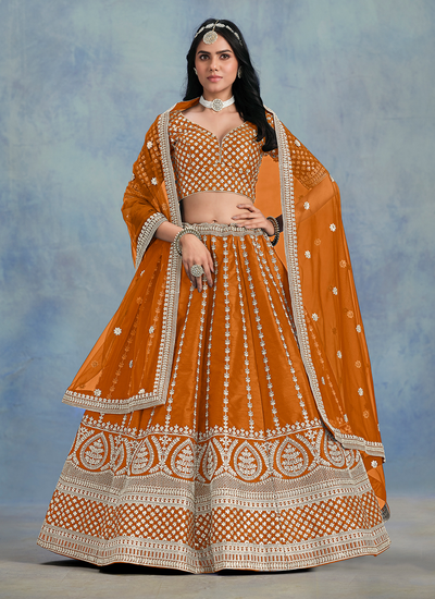Zari Sequins Embroidery Orange Art Silk Wedding Wear Lehenga Choli