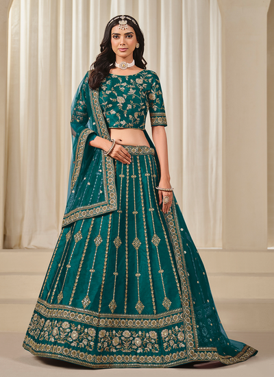 Teal Art Silk Sequins Zari Embroidery Wedding Wear Lehenga Choli