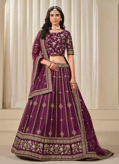 Art Silk Sequins Zari Embroidery Wine Wedding Wear Lehenga Choli