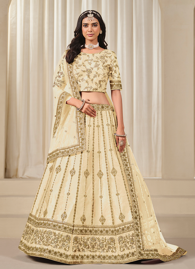 Wedding Wear Art Silk Sequins Zari Embroidery Cream Lehenga Choli