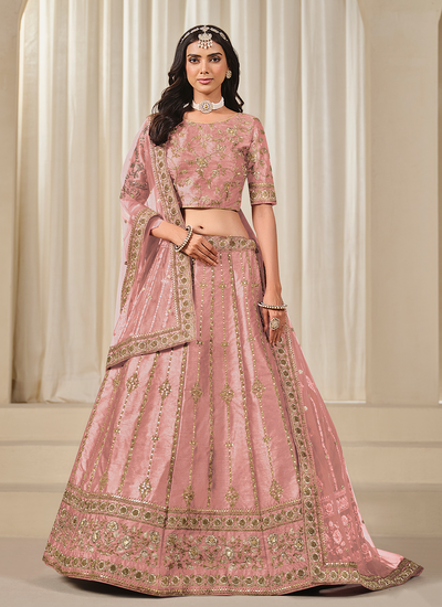 Pink Art Silk Wedding Wear Sequins Zari Embroidery Lehenga Choli
