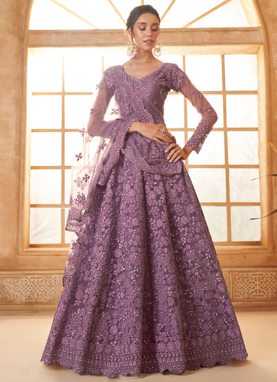 Bridal Thread Lavender Embroidered With Stone Embellishment And Stone Work Net Lehenga Choli