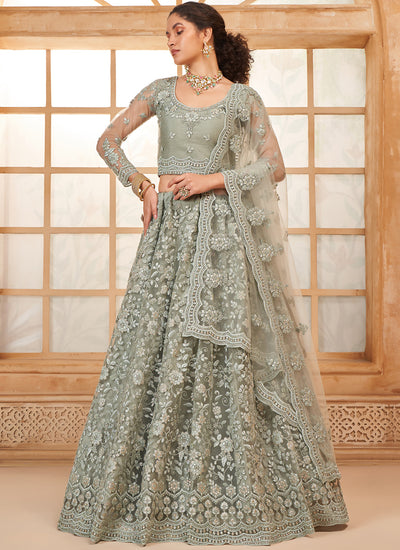 Sage Green Bridal Thread Embroidered With Stone Embellishment And Stone Work Net Lehenga Choli