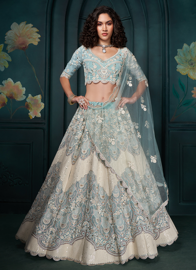 Powder Blue Georgette Sequins Thread Embroidered Engagement Lehenga Choli