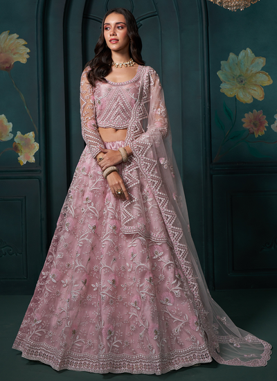 Net Baby Pink Thread Embroidered And Stone Embellished Engagement Lehenga Choli