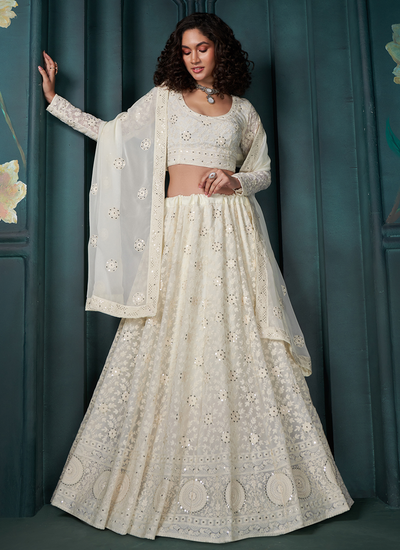 Georgette Sequins Thread Embroidered White Engagement Lehenga Choli