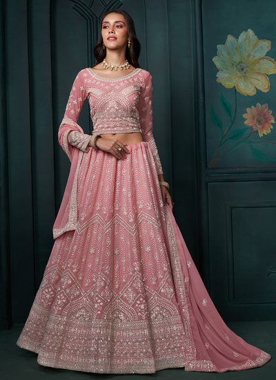 Pink Sequins Thread Embroidered Georgette Engagement Lehenga Choli