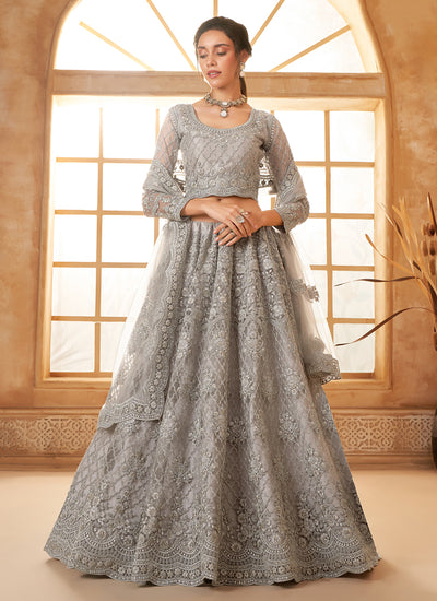 Bridal Thread Gray Embroidered With Stone Embellishment And Stone Work Net Lehenga Choli