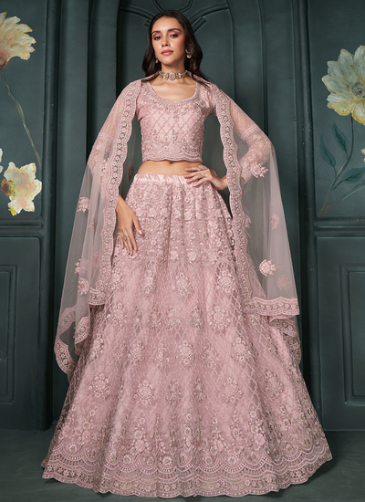 Pink Thread Embroidered With Stone Embellishment Net Wedding Lehenga Choli