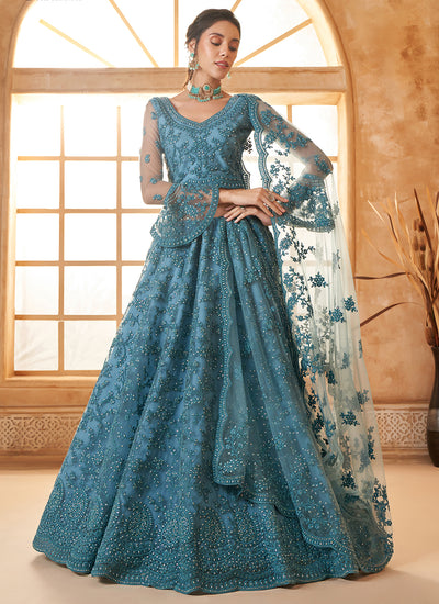 Peacock Blue Embroidered Bridal Thread With Stone Embellishment And Stone Work Net Lehenga Choli