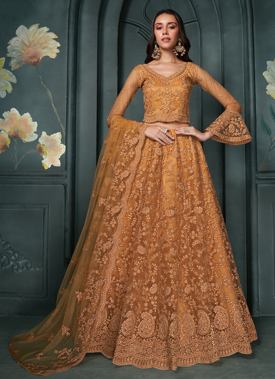 Wedding Thread Embroidered With Stone Embellishment Orange Net Lehenga Choli