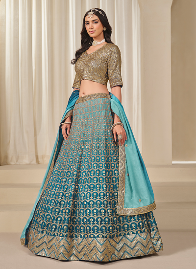 Engagement Wear Chinon Silk Teal Ombré Sequins Embroidery Lehenga Choli
