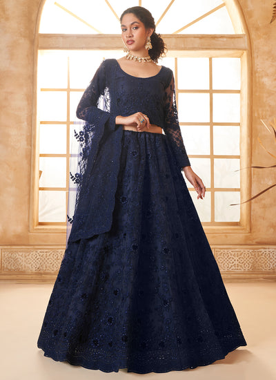 Embroidered Bridal Thread With Stone Embellishment And Stone Work Net Lehenga Choli In Navy Blue