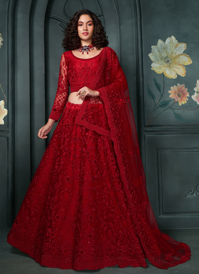 Red Bridal Thread Embroidered With Stone Embellishment And Badla Work Net Lehenga Choli