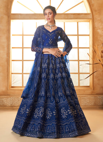 Blue Embroidered Bridal Thread With Stone Embellishment And Stone Work Net Lehenga Choli