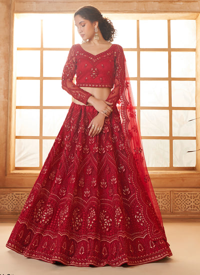 Net Red Embroidered Bridal Thread With Stone Embellishment And Stone Work Net Lehenga Choli