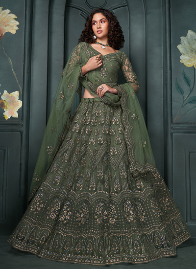 Net Mehendi Green Thread Embroidered With Stone Embellishment Lehenga Choli