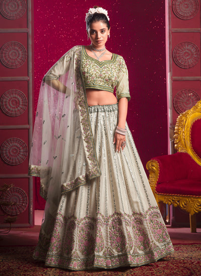 Cream Silk Sequins And Thread Embroidered Readymade Lehenga Choli With Dupatta