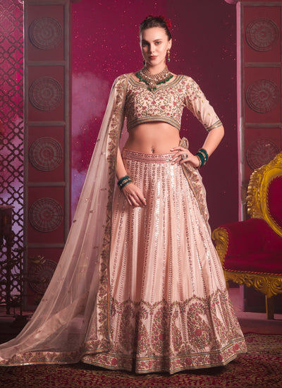 Silk Sequins And Thread Embroidered Peach Readymade Lehenga Choli With Dupatta