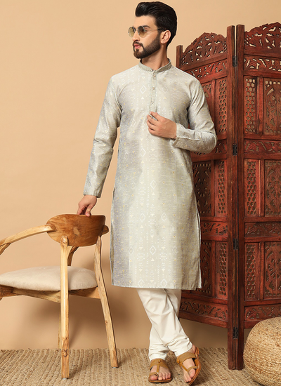 Jacquard Weaving Traditional Wear Grey Kurta Pajama