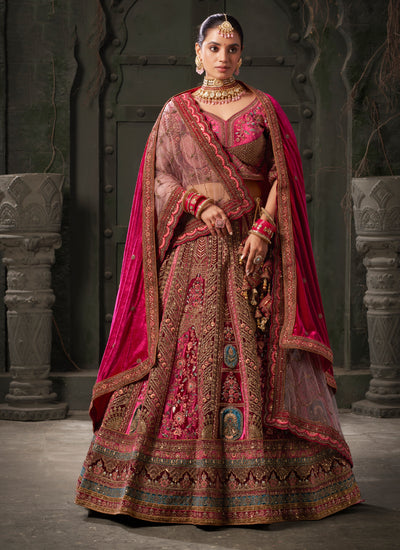 Pink And Maroon Bridal Wear Zarkan Kasab Cording Sequins Embroidered Velvet Lehenga Choli