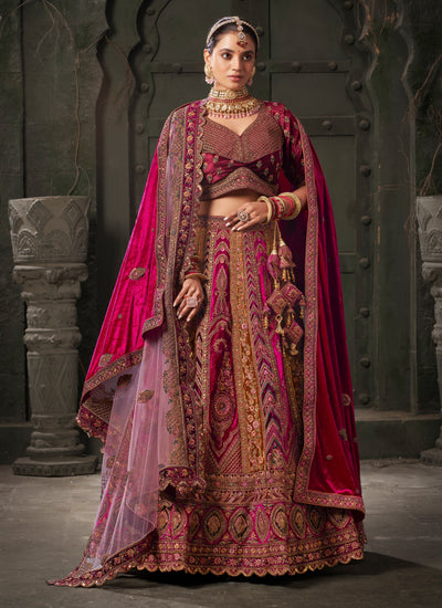 Bridal Wear Marron Zarkan Kasab Cording Sequins Embroidered Velvet Lehenga Choli