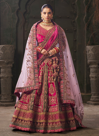 Bridal Wear Zarkan Kasab Cording Sequins Embroidered Velvet Lehenga Choli In Pink