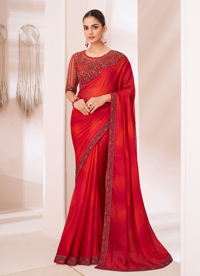 Red Chiffon Party Wear Sequins Embroidered Patch Border Saree