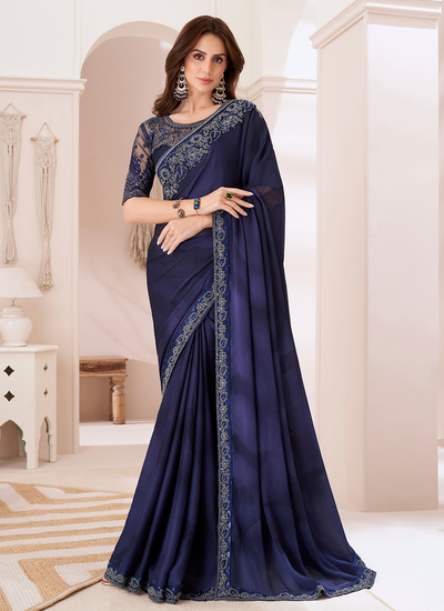 Chiffon Party Wear Midnight Blue Sequins Embroidered Patch Border Saree