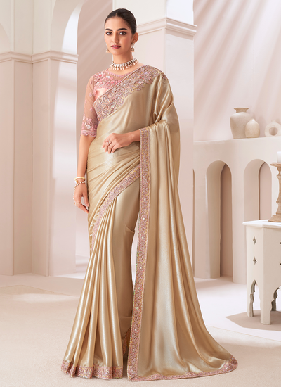 Cream Satin Party Wear Sequins Zari Embroidered Patch Border Saree