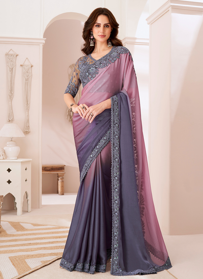 Party Wear Shaded Lavender Chiffon Sequins Embroidered Patch Border Saree