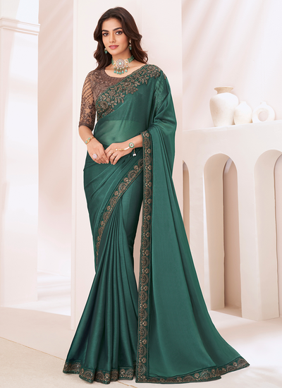 Georgette Green Party Wear Sequins Embroidered Patch Border Saree