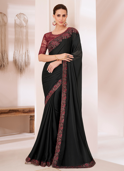 Black Party Wear Chiffon Sequins Embroidered Patch Border Saree