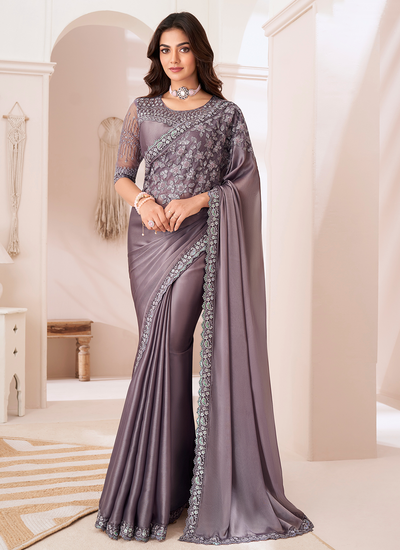 Party Wear Satin Faded Purple Sequins Embroidered Patch Border Saree