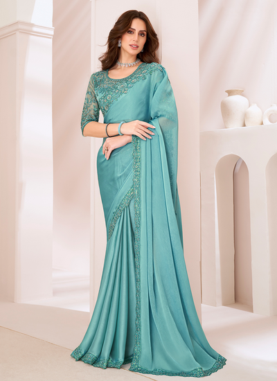 Turquoise Satin Georgette Sequins Embroidered Patch Border Saree