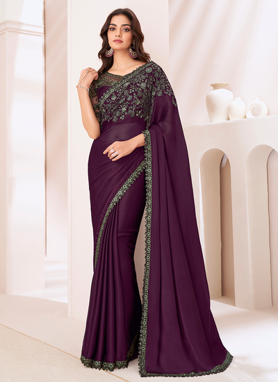 Satin Chiffon Sequins Embroidered Patch Border Saree In Purple